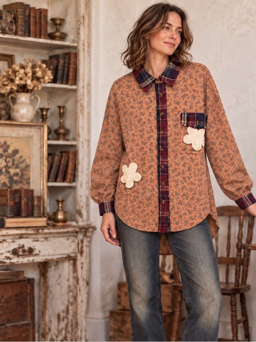 Easel Oversized Button Down Top - NWT - Boho - Floral, Plaid, Crochet Flower